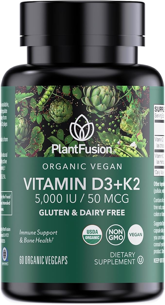 PlantFusion Organic Vegan Vitamin D3 + K2 5000 IU 50MCG – Vitamin D Sourced from Plant Based Lichen and Vitamin K2 for Immune Support and Bone Health - 60 Capsules