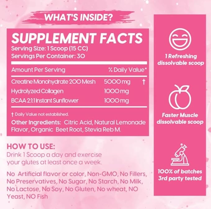 Booty Pump Formula - Pink Lemonade Creatine Blend for Women BCAAs &amp Collagen Muscle Gain &amp Booty Growth Enhancer Grit-Free Formula Creatina Para Mujeres Queratina Para Musculos