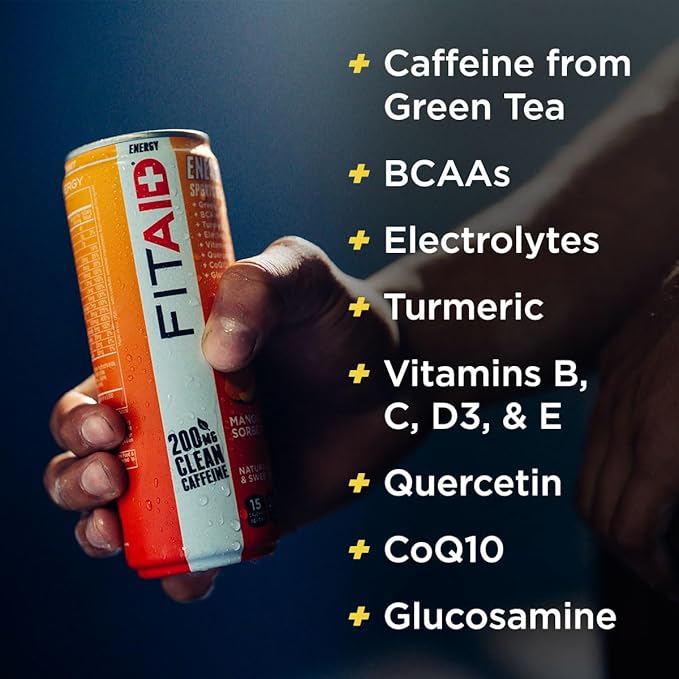 FITAID ENERGY 200mg Natural Caffeine Keto Mango Sorbet Optimum Performance Formula: BCAAs Quercetin Electrolytes Omega-3s 15 Calories Paleo Vegan &amp Gluten-Free 12-oz. Cans (Pack of 24)