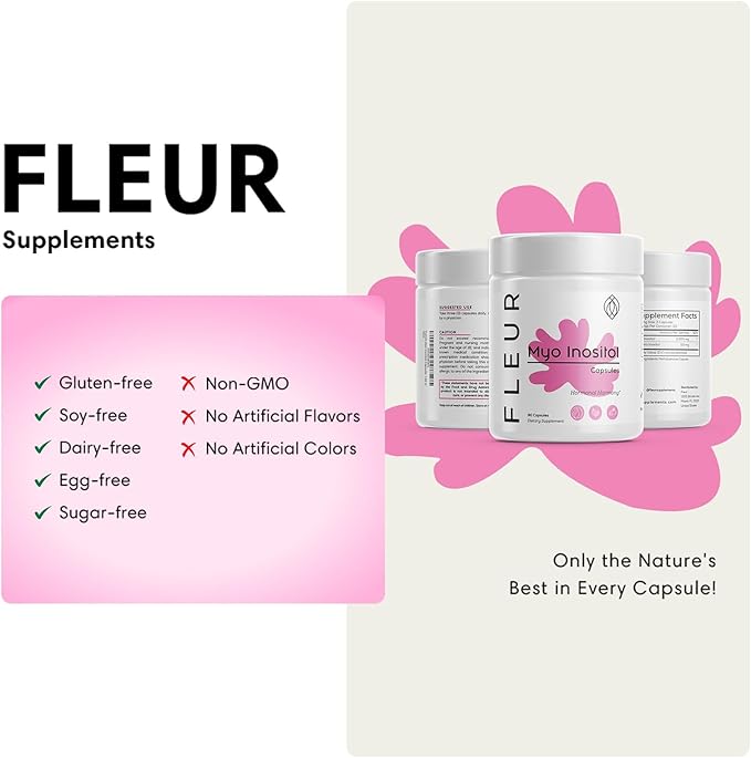 FLEUR Myo-Inositol &amp D-Chiro Inositol Capsules Hormone Balance and Ovarian Function Support for Women Regulates Menstrual Cycle Non-GMO &amp Vegan 90 Capsules