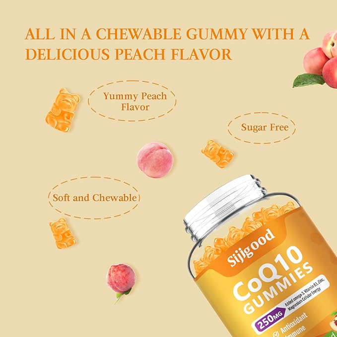 2 Pack CoQ10 Gummies Plus Omega-3 Vitamin B3 and Zinc Magnesium 5X High Absorption Coenzyme Q10 Supplements q10 for Boost Cellular Energy Potent Antioxidant &amp Brain Peach Flavor 120 Cts