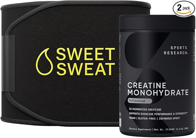 Sports Research Training Performance Pack - Creatine Monohydrate and Sweet Sweat Waist Trimmer (Black/Yellow Small)
