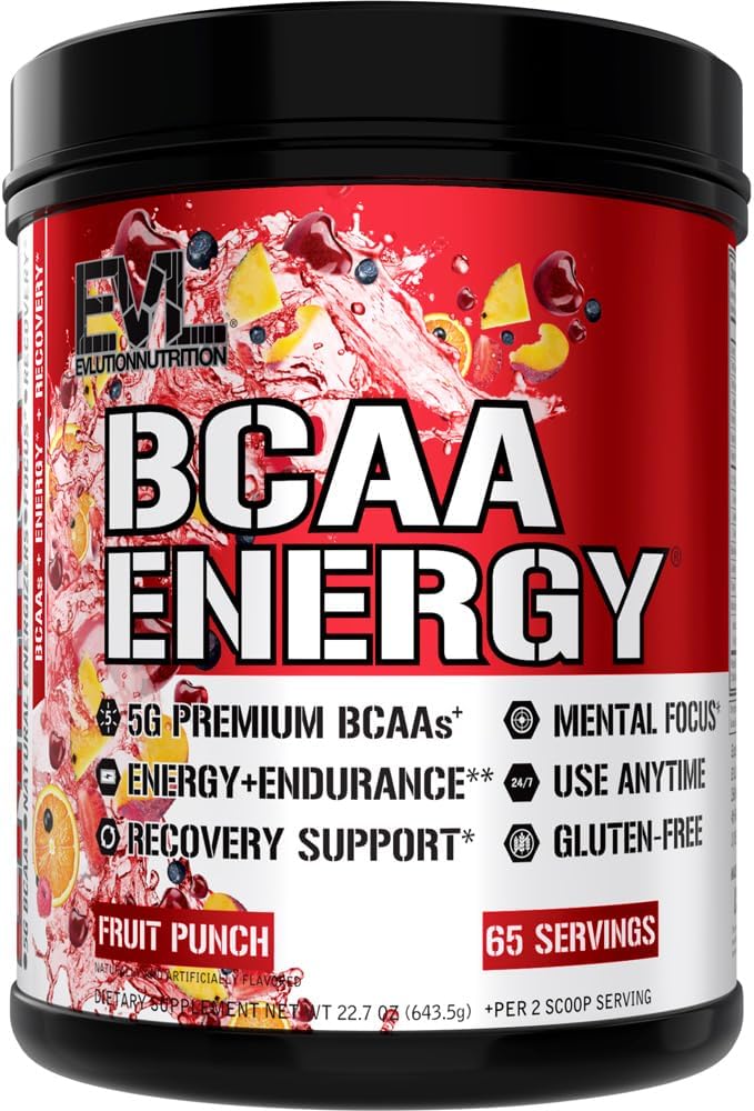 Evlution EVL BCAAs Amino Acids Powder - BCAA Energy Pre Workout Powder for Muscle Recovery Lean Growth and Endurance - Rehydrating Post Workout Recovery Drink with Natural Caffeine - Fruit Punch