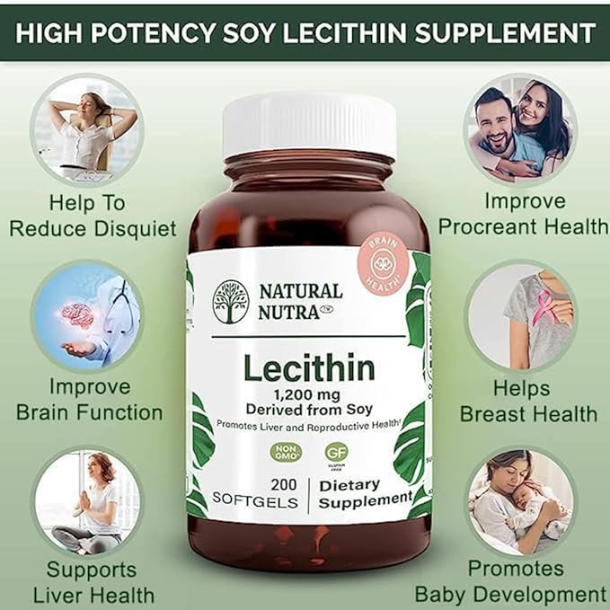 Natural Nutra Soy Lecithin 1200 mg Dietary Supplement - Brain Function Liver Health Improve Procreant Health Boosting Supplement - Gluten-Free BPA-Free 200 Softgels in Recyclable Glass Bottles