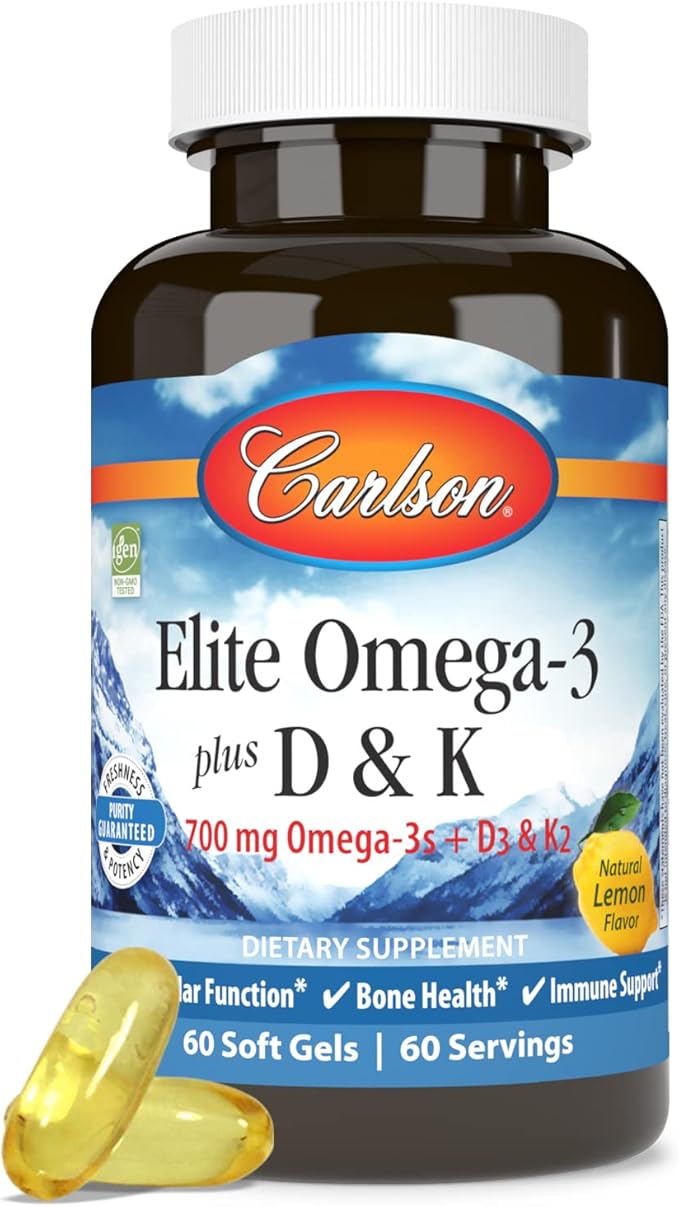Carlson - Elite Omega-3 Plus D &amp K 700 mg Omega-3s + D3 &amp K2 Function Bone Health &amp Immune Support Lemon 60 Softgels