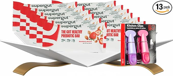 12x Bar Prebiotic Almond Strawberry 1.8 oz Bundle with Plastic Magnetic Clips — Breakfast Bars On-The-Go Snack with 10g Prebiotic Fiber and 10g Protein Low Sugar Keto-Friendly — Gift Set (13 Items)