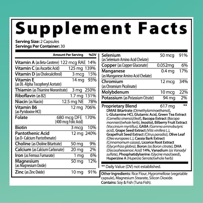 Brain Supplements for Memory and Focus for Women and Men Focus Supplement Memory Supplement for Brain Nootropic with Boron Huperzine A Phosphatidylserine (40-in-1 60 Capsules)