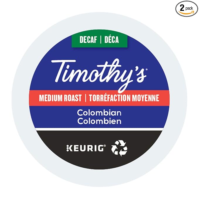Timothy's World Coffee Decaf Colombian K-Cup Coffee 24 Count (Pack of 2) (Packaging may vary)