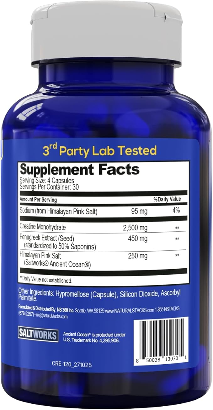 Creatine Monohydrate - 2500mg Creatine Capsules - 450mg Fenugreek Extract &amp 250mg Himalayan Pink Salt - Supports Brain Health Endurance &amp Muscle Building - Advanced Absorption Formula - 120 C