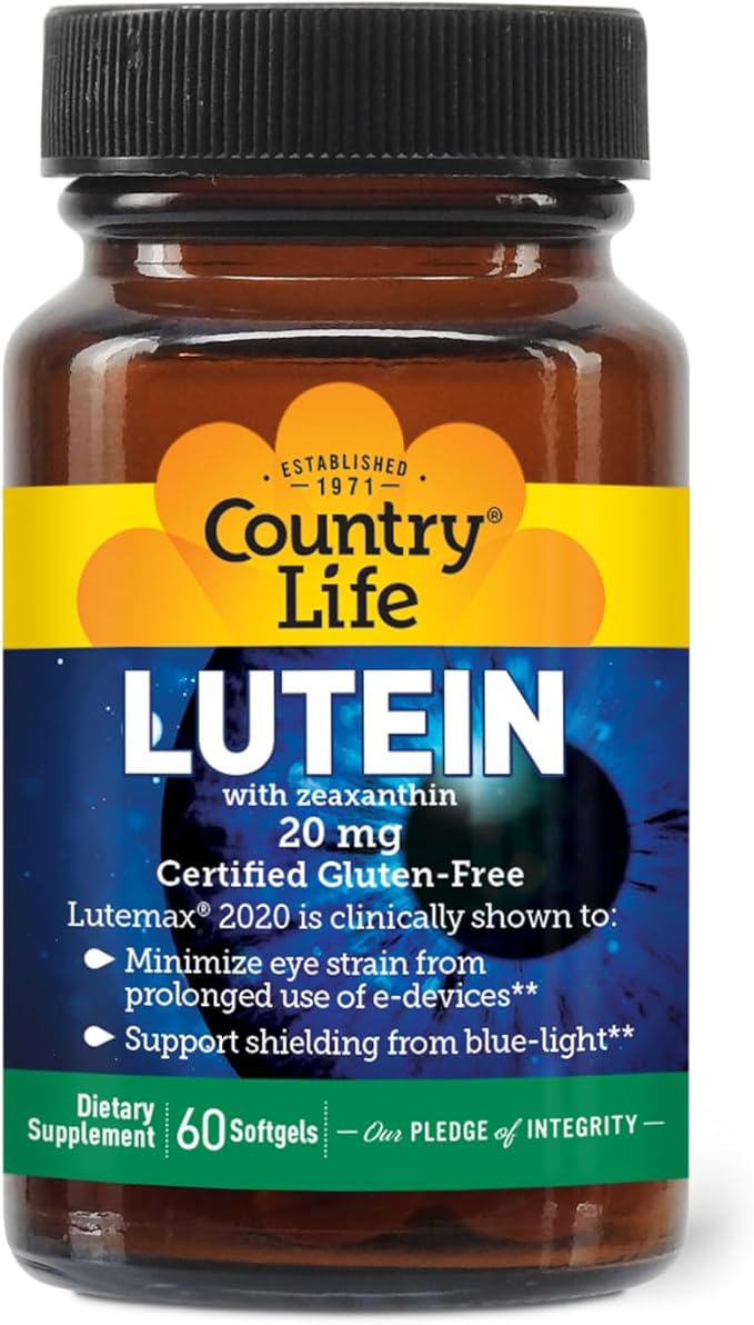 Country Life Lutein 20 mg Supplement - Certified Gluten-Free - Eye Health Support with Lutein and Zeaxanthin - Reduces Eye Strain from Screens - No Yeast Corn Wheat Milk - 60 Softgels