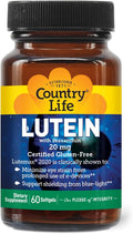 Country Life Lutein 20 mg Supplement - Certified Gluten-Free - Eye Health Support with Lutein and Zeaxanthin - Reduces Eye Strain from Screens - No Yeast Corn Wheat Milk - 60 Softgels