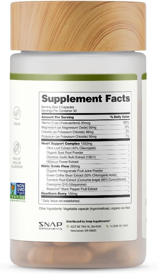 Snap Supplements Heart Health Support Supplement - Botanical Support for Heart Health Healthy Circulation and Nitric Oxide Levels 30-Day Supply 90 Capsules (Packaging May Vary)