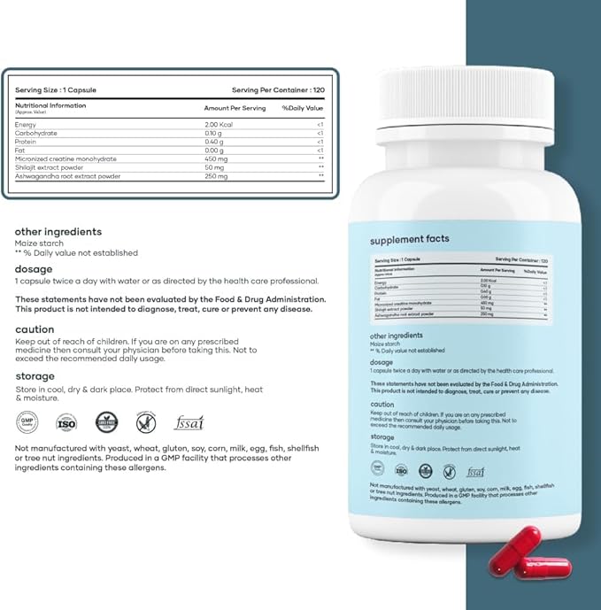 Mars Micronized Creatine Monohydrate Caps: Powered with Shilajit (120 N) | 100% Pure and Natural | Good Health Company - Pack of 1