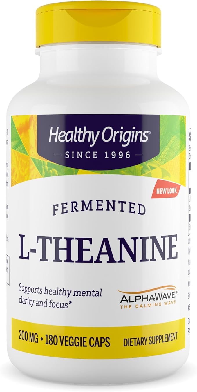 Healthy Origins L-Theanine 200 mg (AlphaWave Supports Relaxation Without Drowsiness Brain Support Non-GMO Gluten Free) 180 Veggie Caps