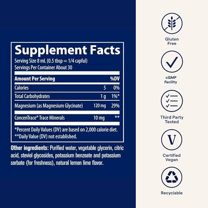 Trace Minerals Magnesium Glycinate - Liquid Magnesium Glycinate for Bone Nerve &amp Digestive Health - Supports Sleep Quality Clarity &amp Focus - Gentle - Lemon Lime Flavor - 8 fl oz (30 Servings