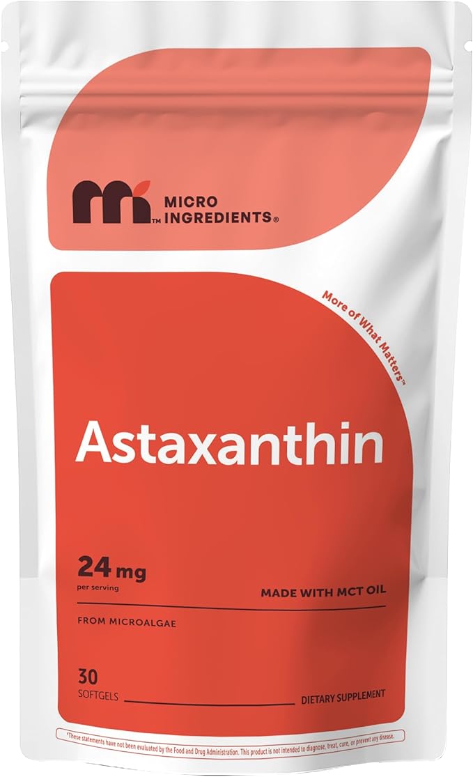 Micro Ingredients Astaxanthin 24mg with MCT Oil 30 Softgels | Max Strength Astaxanthin Antioxidant Supplements* | Fresh Microalgae Source | Non-GMO Gluten Free No Soy