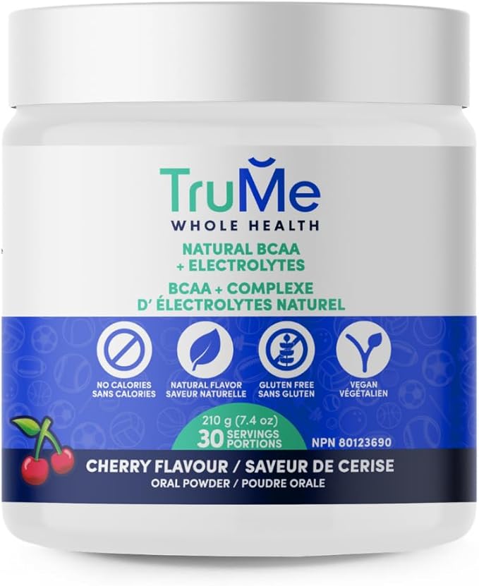 TruMe Whole Health Cherry BCAA Powder with Electrolytes Amino Acids for Muscle Recovery &amp Endurance Sugar Free Intra Workout Hydration Drink Informed-Sport Certified Made in Canada