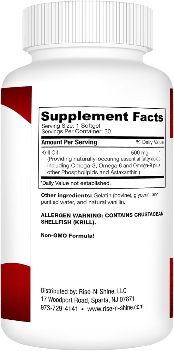 Rise-N-Shine Krill Oil Softgels Omega 3 6 &amp 9 with EPA &amp DHA Support 500 mg Krill Oil per Softgel Non-GMO Formula 30 Softgels Manufactured in the USA with Globally Sourced Ingredients