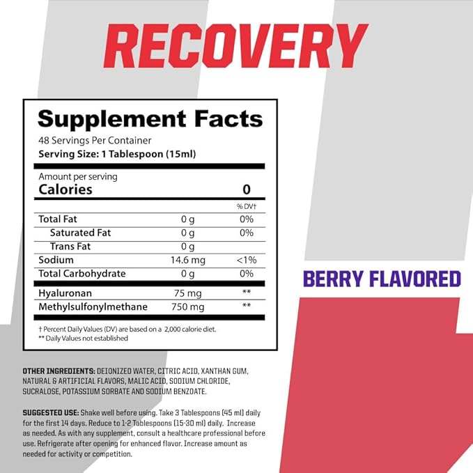 Undefined Nutrition Recovery by Brian Shaw - Oral Liquid Hyaluronic Acid (HA) + MSM - Protects Joints and Muscles Reduces Post Workout Soreness – Joint and Connective Tissue Repair Supplement – 24 oz