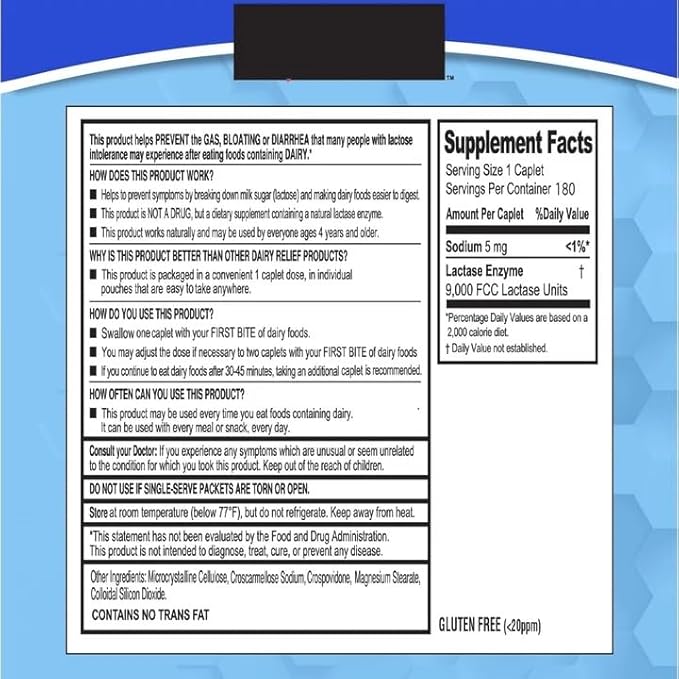 Fast Acting Lactase - Lactose Intolerance Relief Dairy Digestive Supplement for Gas and Bloating Prevention Single Serve Pouches 9000 FCC Units - 180 Caplets