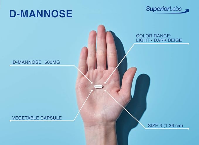 Superior Labs D-Mannose 500 mg Pure Non-GMO Optimal Absorption Prebiotic Urinary Tract Bladder &amp Kidney UTI Support Digestive &amp Liver Health Aid IC Relief for Women &amp Men 120 Veg Cap