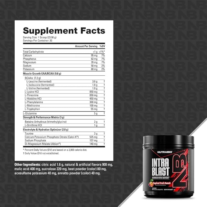 NutraBio Intra Blast Bcaa Powder Amino Acid Supplement Electrolyte &amp Hydration Blend Intra Pre Workout &amp Muscle Recovery 20g Eaa Amino Acids Powder 5g Glutamine- Tropical Fruit Punch 30