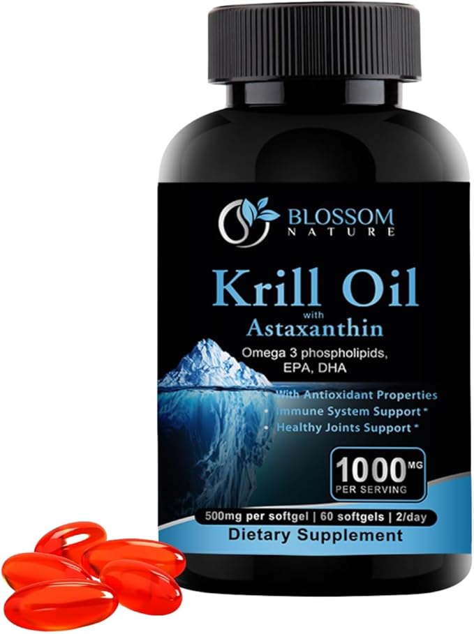 Antarctic Krill Oil 1000mg Softgels with Astaxanthin – Omega-3 EPA &amp DHA Supplement for Heart Brain and Joint Health in Form of Phospholipids– 60 Vanilla-Flavored Softgels