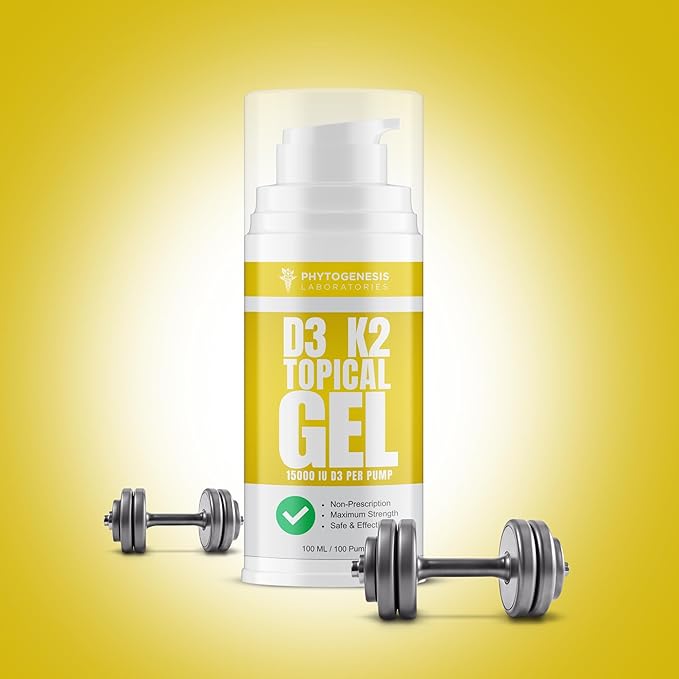 Vitamin D3 K2 Maximum Strength Topical Gel - 15000+ IU Per Pump - The Sunshine Vitamin - Supports Bone &amp Joint Health Immune Support - One Month Supply