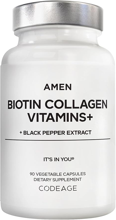 Amen Biotin Collagen Vitamins+ 10000 mcg Biotin Supplement - Hydrolyzed Collagen Vitamins C &amp E Folate Hyaluronic Acid Keratin MSM Saw Palmetto - 3-Month Supply - Non-GMO - 90 Capsules