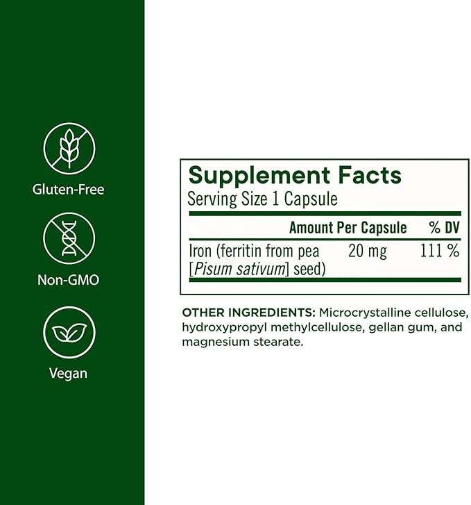Flora Ferritin+ Delayed-Release Iron Supplement - Plant-Based Iron Supplement - Blood Cell &amp Energy Support - Vegan &amp Gluten-Free - Amber Glass Bottle - 60 Vegan Capsules