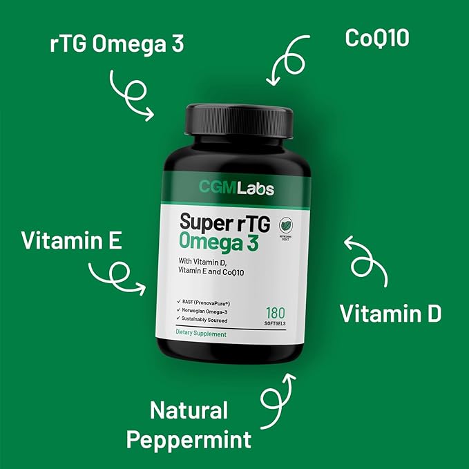 rTG Omega 3 Norwegian Fish Oil with CoQ10 Dietary Supplement- Heart Health &amp Antioxidant Support with Vitamins D &amp E – 2000 mg Sustainably Sourced – Super rTG Omega 3 180 Softgels by CGM Labs