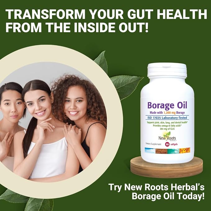 NEW ROOTS HERBAL Borage Oil Supplement 1200 mg | Organic Borage Seed Oil Cold-Pressed (90 softgels) GLA Supplement (264mg) with Linoleic Acid (444mg) | 100% Hexane-Free