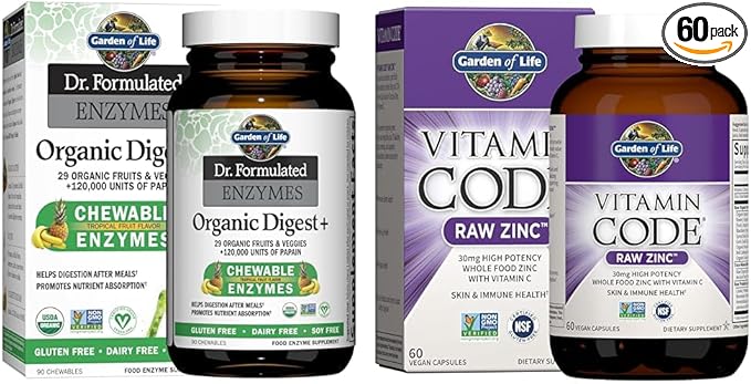Garden of Life Dr Formulated Digestive Enzymes with Papain Bromelain &amp Zinc Supplements 30mg High Potency Raw Zinc and Vitamin C Multimineral Supplement