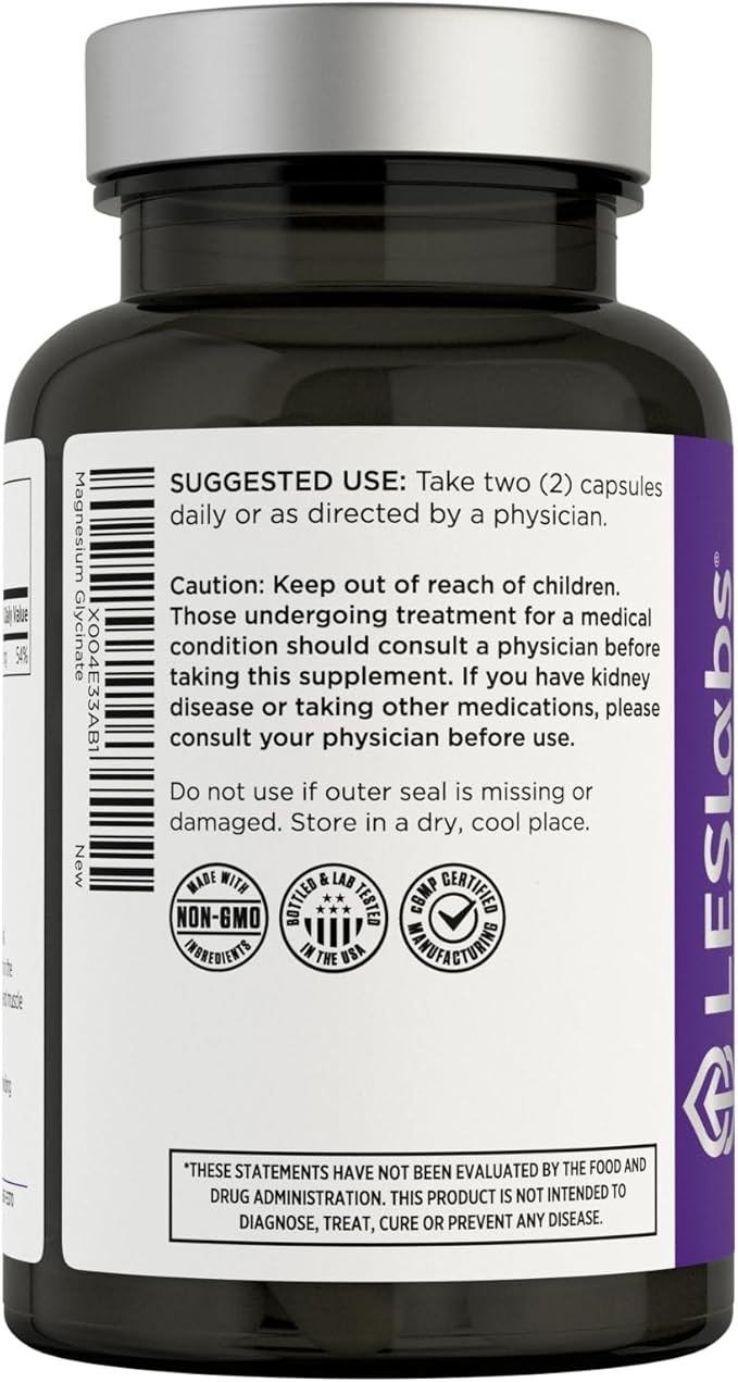 LES Labs Magnesium Glycinate – Supports Restful Sleep Heart Health Stress Relief Metabolism Nerve &amp Muscle Function Gentle on the Digestive System – Non-GMO Supplement – 120 Capsules