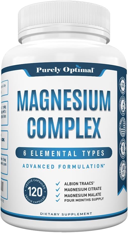 Purely Optimal Magnesium Complex - 6 Forms Magnesium Glycinate Citrate &amp Malate - Sleep Support Stress Relief Muscles Heart Health &amp Relaxation - Magnesium Supplement for Women &amp Men