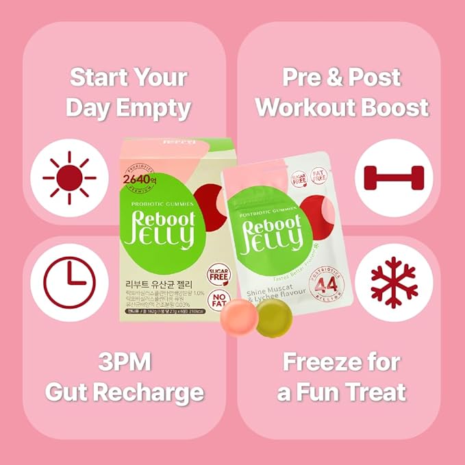 Reboot Probiotic Jelly | 44 Billion CFU Gummies | Vegan Sugar-Free Shelf-Stable | Chewable Lychee &amp Muscat Grape Flavor | 12 Pouches for Gut Health