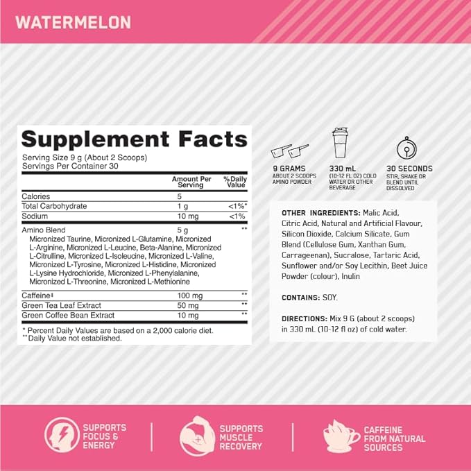 Optimum Nutrition Amino Energy - Pre Workout with Green Tea BCAA Amino Acids Keto Friendly Green Coffee Extract Energy Powder - Watermelon 65 Servings (Packaging May Vary) (Pack of 6)