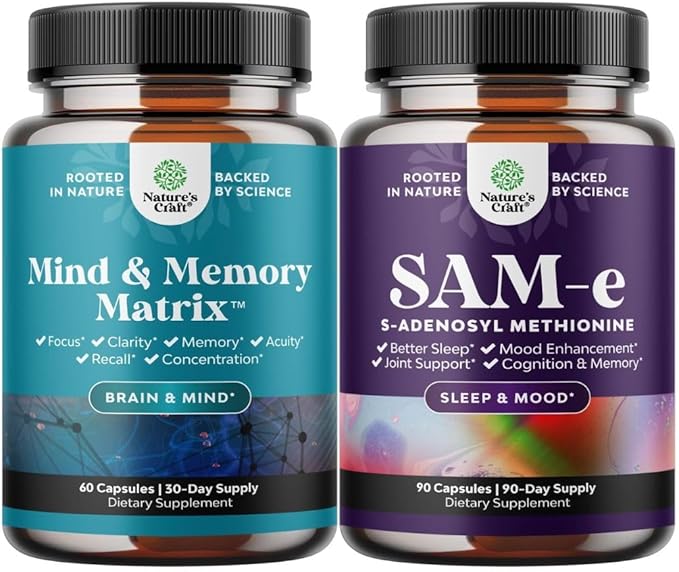 Bundle of Nootropic Brain Supplement - Mental Health &amp Clarity with VIT A B6 Riboflavin Niacin Thiamin Folate and Pure SAM E Supplement 150mg Per Serving Natural S-adenosylmethionine for Mood Bala