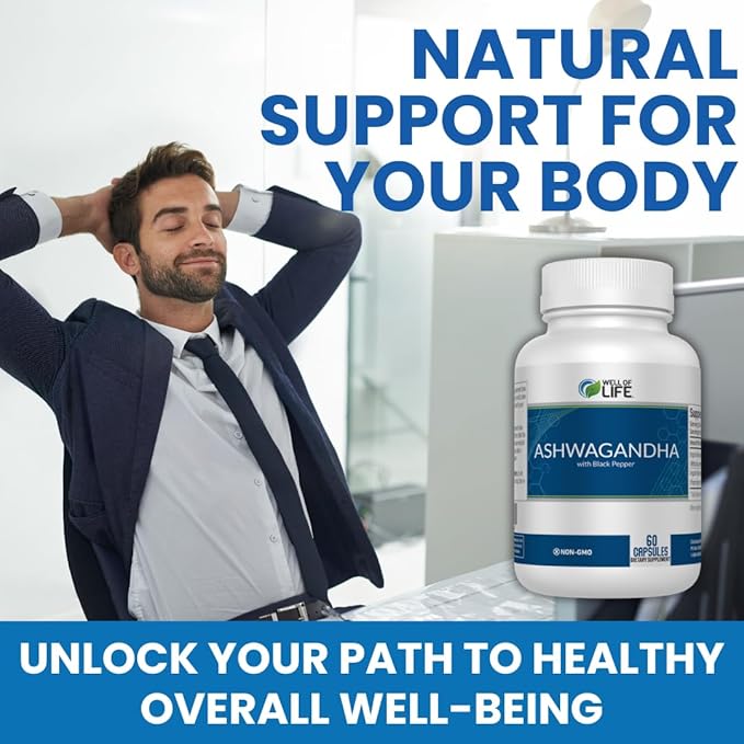 Well of Life Ashwagandha Supplements 1300mg Per Serving – with Black Pepper Extract for Calm Focus &amp Sleep Support | 60 Vegan Capsules Non GMO GMP Certified USA Made