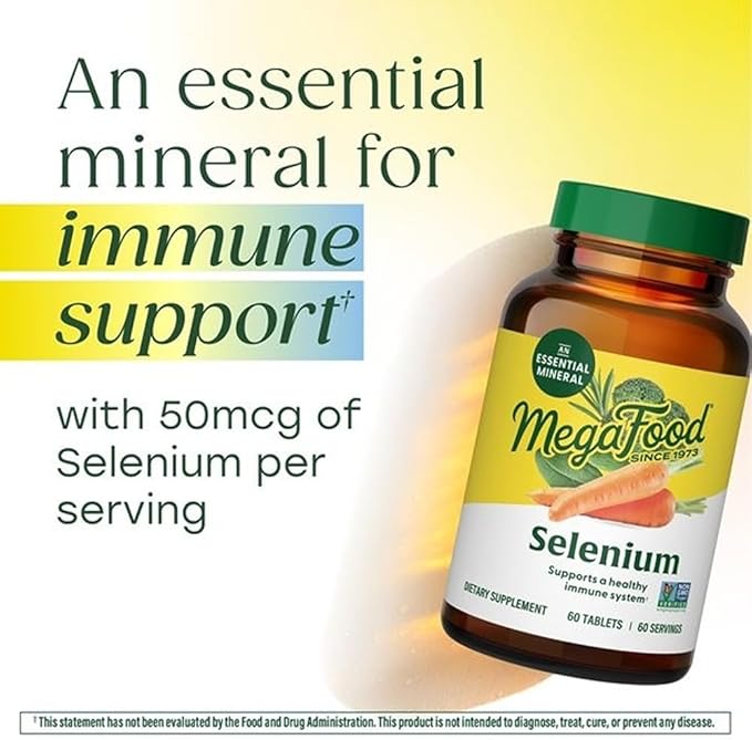 MegaFood Selenium - Selenium 50 mcg - Supplement with Food &amp Herb Blend - Immune Support - Vegan Non-GMO - Made Without 9 Food Allergens - 60 Tablets (60 Servings)
