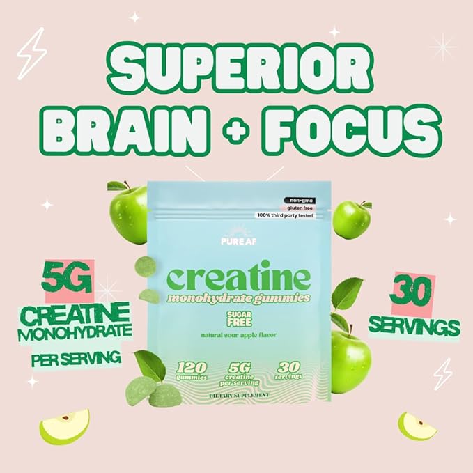 Creatine Gummies for Women – Sugar Free | Sour Green Apple – 120 Creatine Monohydrate Gummies | Lean Muscle Glute Growth Strength &amp Cognitive Boost