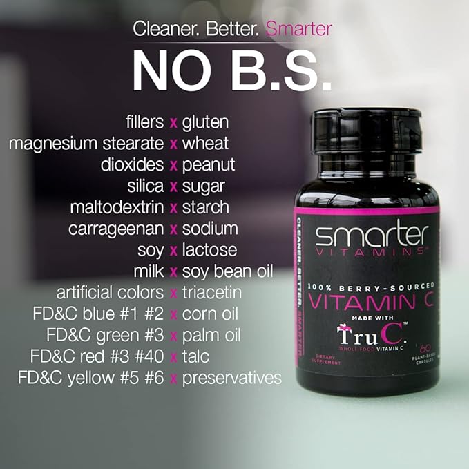 SmarterVitamins (5 Pack) Raw Whole Food Vitamin C from Berries Premium Antioxidants Bioflavonoids &amp Polyphenols 300 Vegan Capsules
