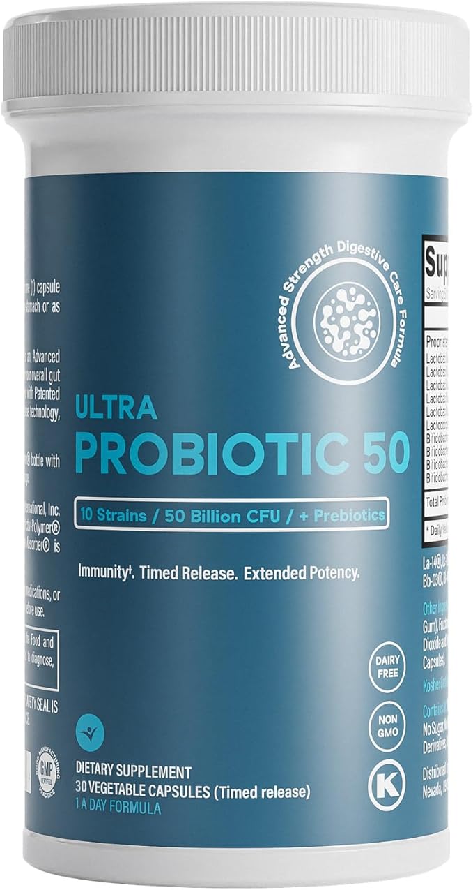 Prebiotics &amp Probiotics 50 Billion CFU for Women &amp Men - Time-Release Bifidobacterium Lactobacilli Probiotics for Digestive Health Bloating Relief USA-Made Kosher Live Probiotics with Sunfi