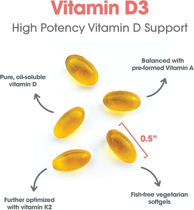 Allergy Research Group Vitamin D3 Complete 5000 - Delivers 125 mcg Vitamin D3 - with Vitamin A &amp K2 - Supports Bone Strength Immune Balance &amp Healthy Mindset - 120 Servings - 120 Capsules