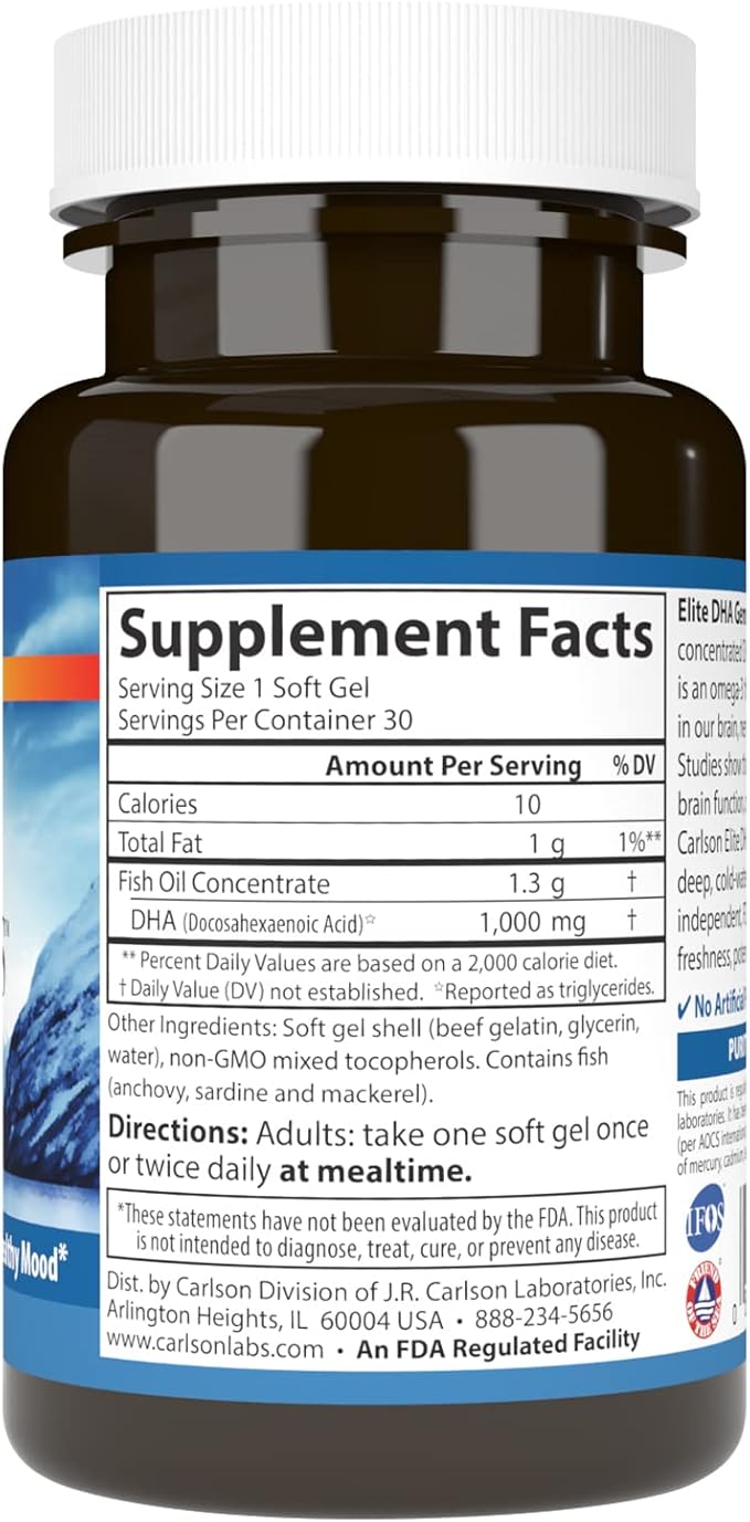 Carlson - Elite DHA Gems 1000 mg DHA Supports Healthy Brain Function &amp Vision 30 soft gels
