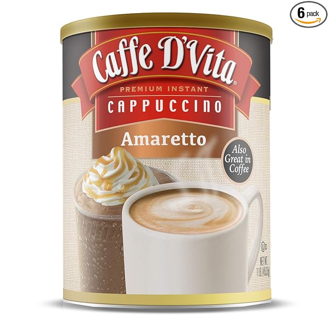 Caffe D'Vita Amaretto Cappuccino Mix - Amaretto Cappuccino Instant Mix Gluten Free No Cholesterol Hydrogenated Oils or Trans Fat 99% Caffeine Free - 16 Oz Can 6-Pack