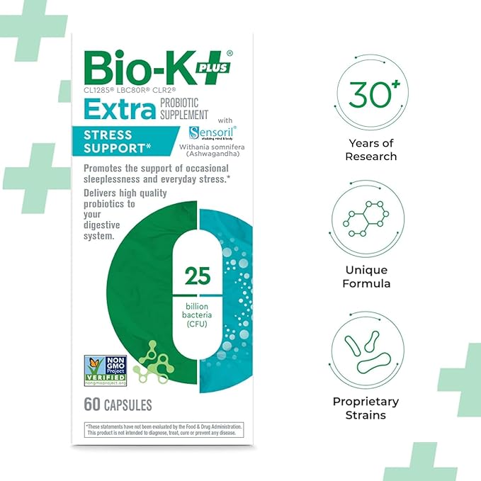 Bio-K+ Probiotic for Stress Support with Sensoril® Ashwagandha Daily Probiotic Supplement to Support Stress &amp Sleep 25 Billion CFU Vegan Shelf-Stable – 60 Capsules