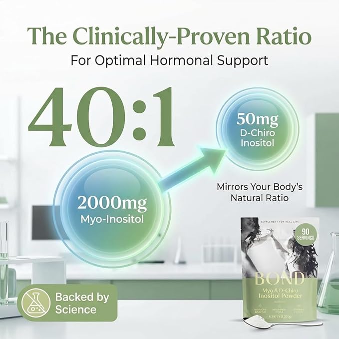 Bond Myo-Inositol &amp D-Chiro Inositol Powder – Hormone Balance Cycle Regularity &amp Ovarian Support Supplement for Women – 40:1 Ratio Formula – Vegan Sugar-Free 90 Servings