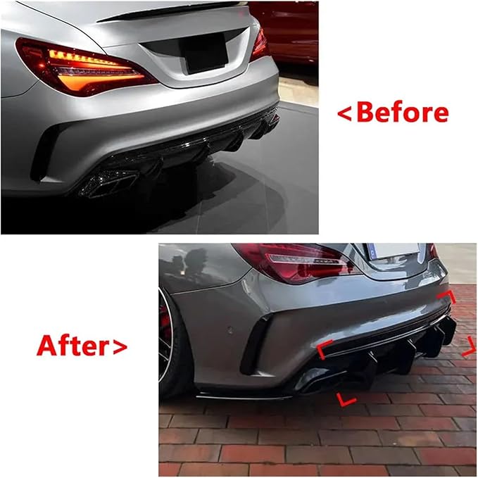Compatible for Benz C117 CLA45 AMG Line 2016-2019 4 Fins Gloss Black Car Rear Bumper Lip Diffuser Rear Side Splitters Spoiler Kit