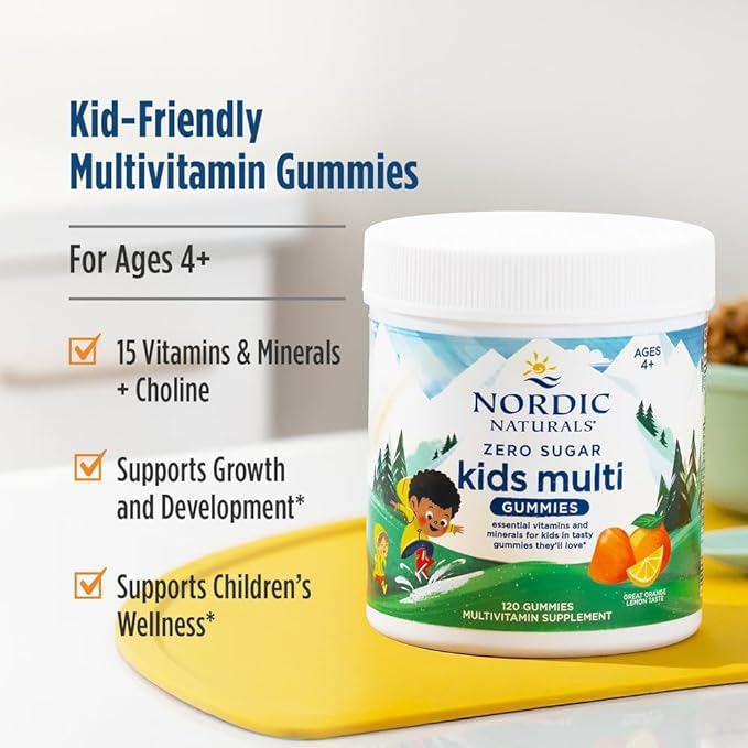 Nordic Naturals Zero Sugar Kids Multi Gummies Orange Lemon - 120 Gummies - Great-Tasting Multivitamin for Ages 4+ - Supports Growth &amp Development - Non-GMO Vegetarian - 30 Servings